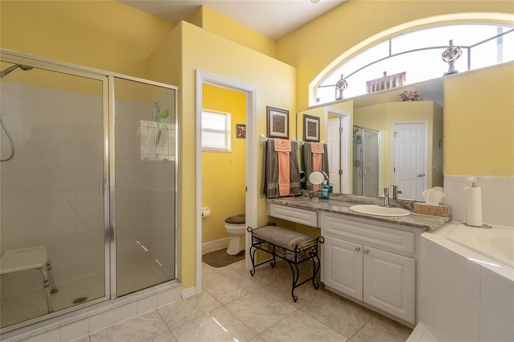 Primary bath room with walk in shower and tub and double vanity areas