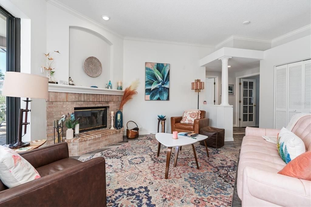 Living room with wood fireplace