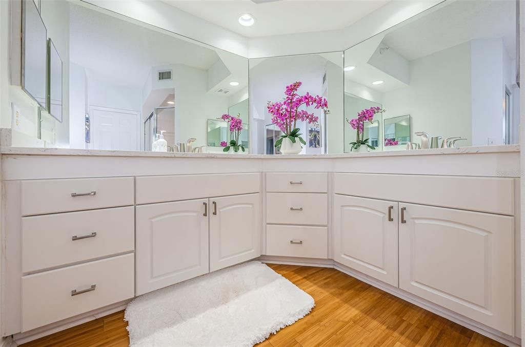 Master bath with dual sinks, new commode, quartz counters, new faucets and sinks.