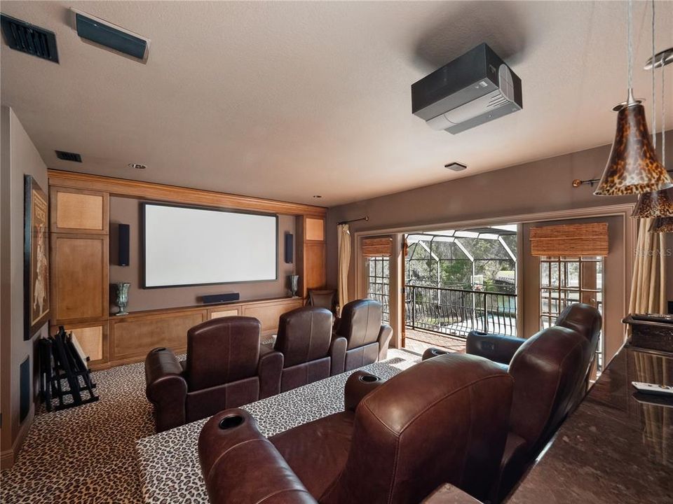 Theatre room with stadium seating and bar area