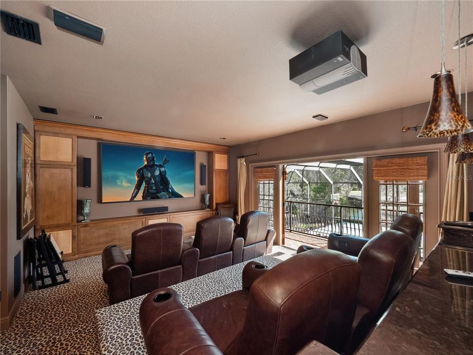 Theatre Room with stadium seating and bar area