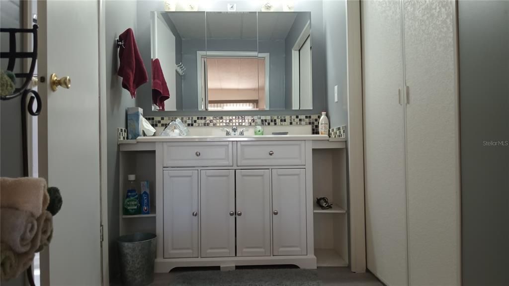 Sink is separate from the shower and toilet, with updated vanity and lighting