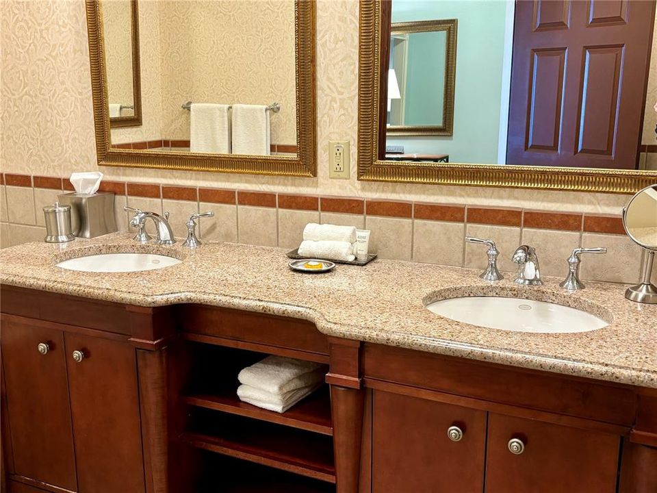 Granite counters in bath with dual sinks.