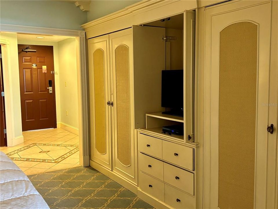 TV, closet in bedroom.