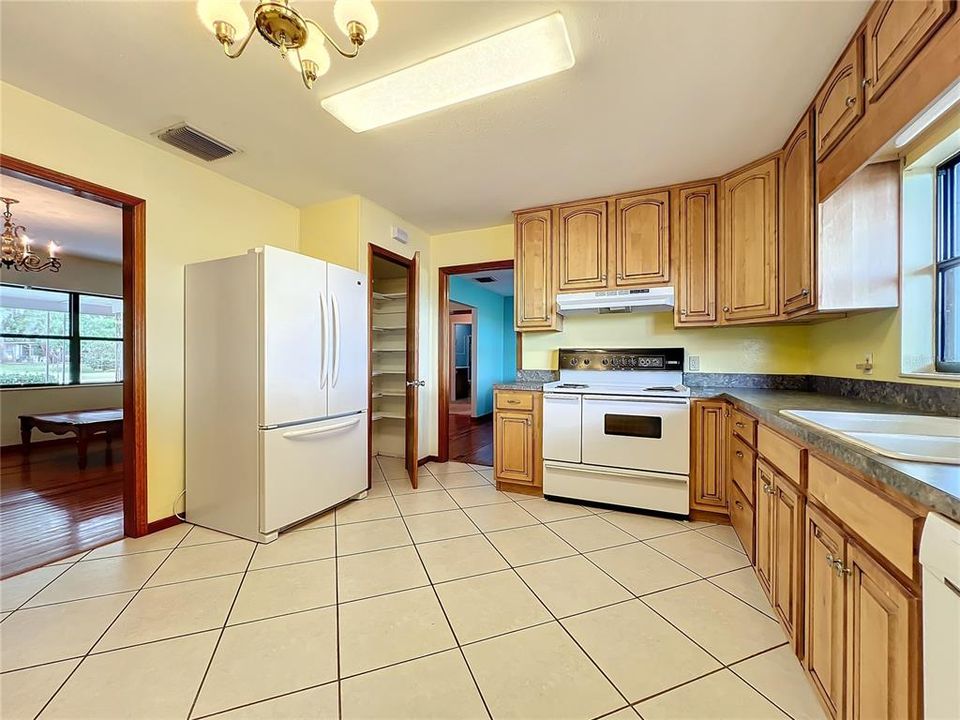 The kitchen is spacious and opens to the living room and dining room.