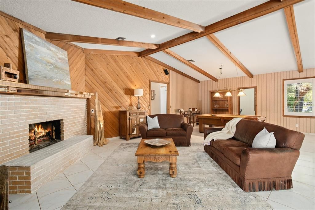 Family Room with wood-burning fireplace
