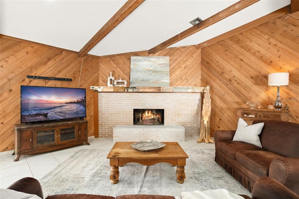 Family Room with wood-burning fireplace