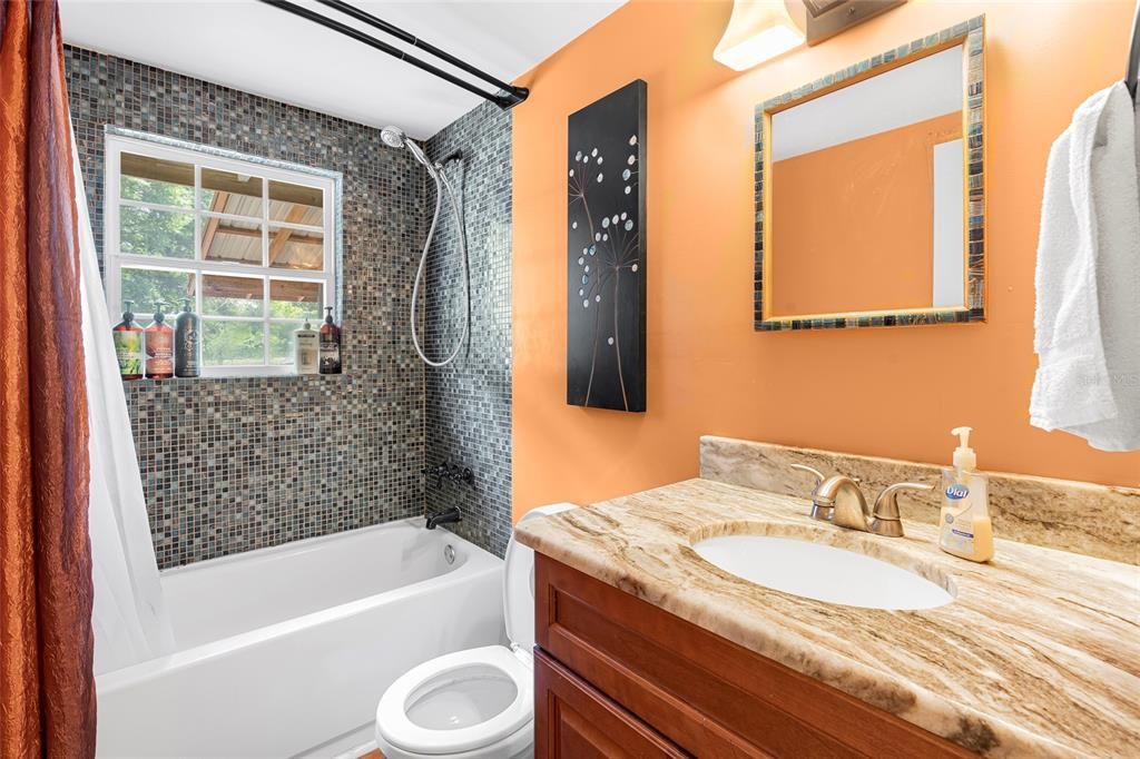 guest bathroom in copper and blue