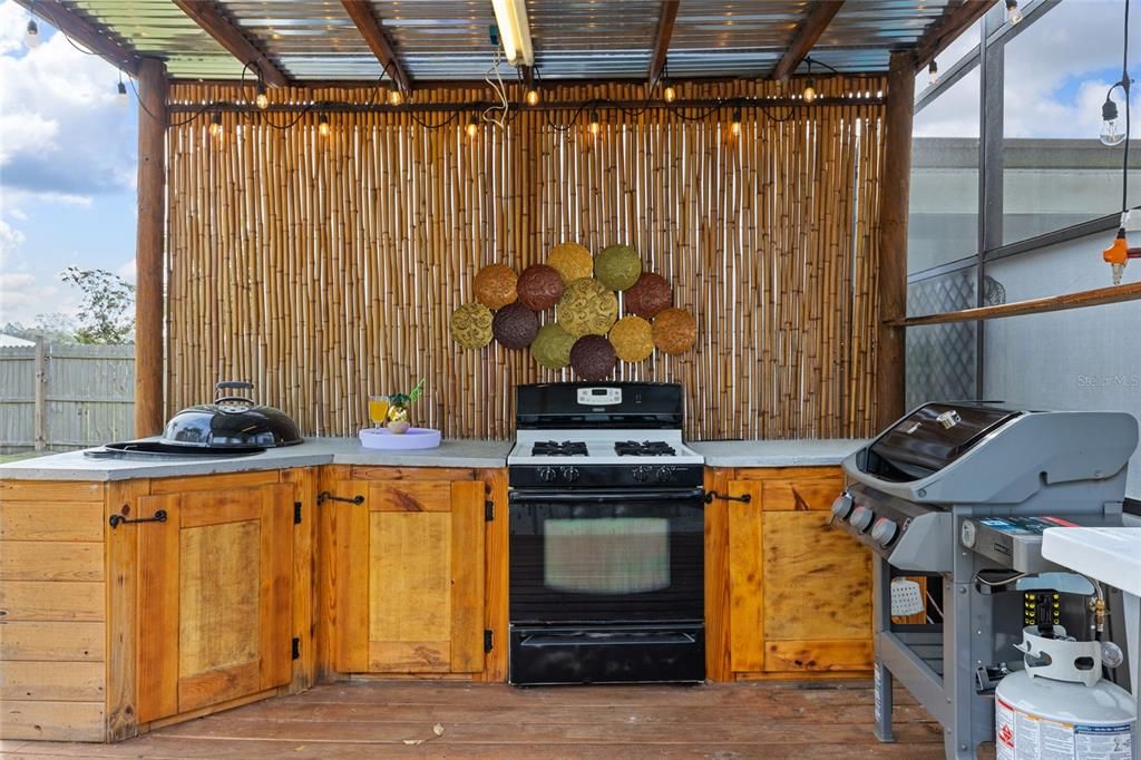 Outdoor kitchen with cooking stove and two grills (charcoal & propane gas)