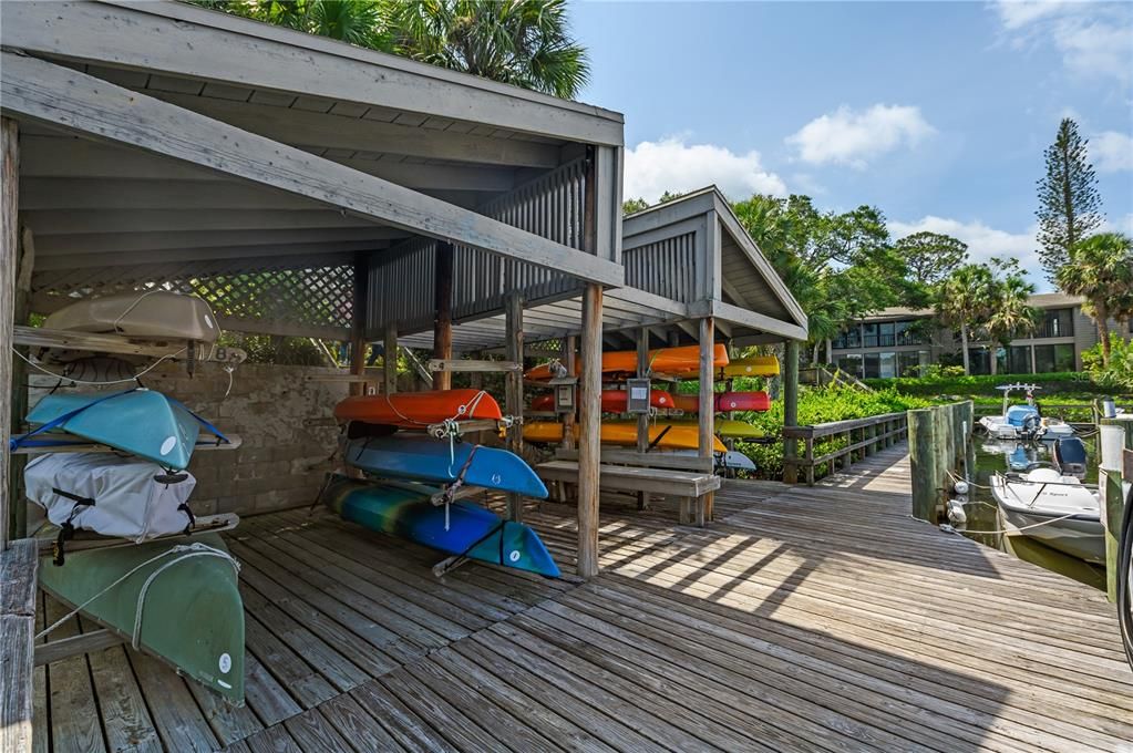 Kayak storage at different locations within Pelican Cove