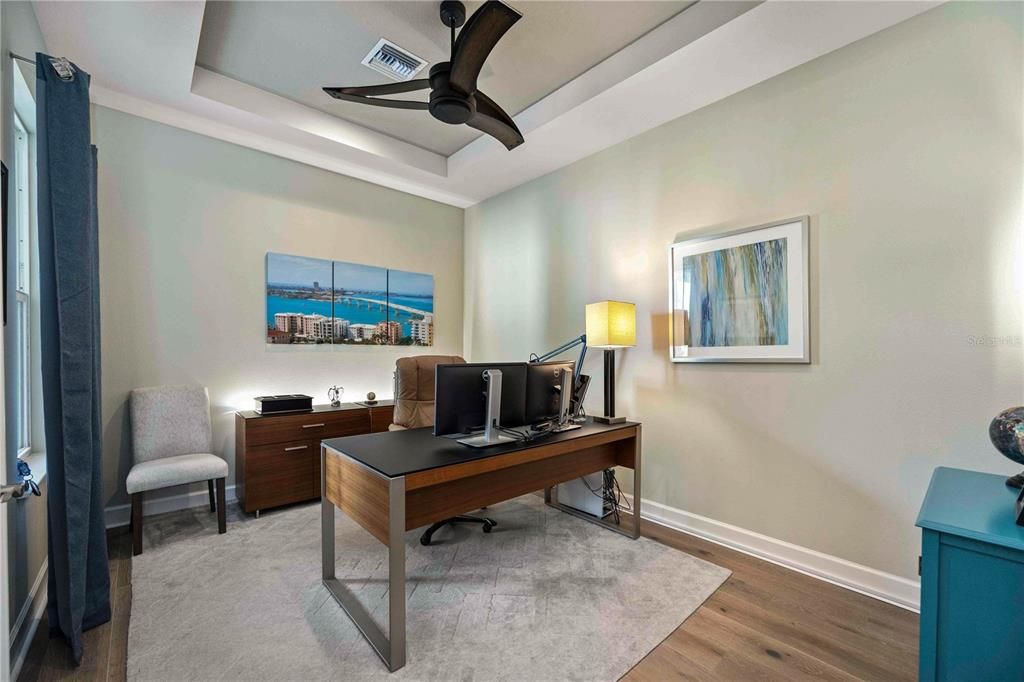 Office tray ceiling w/ Wood Ceiling Fan