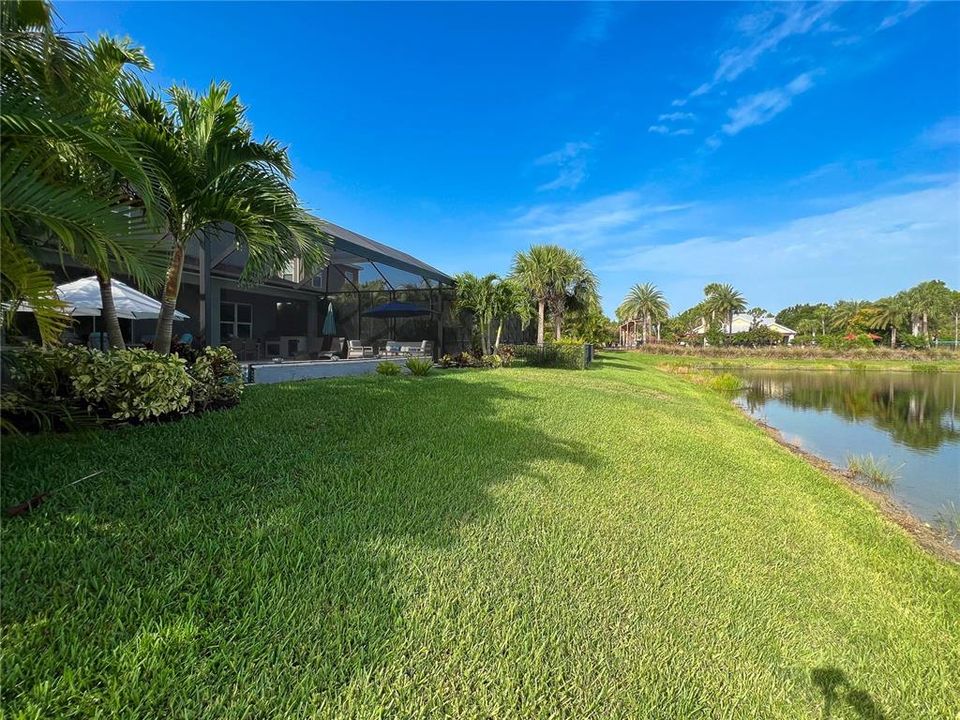 Grass area behind pool cage and lake