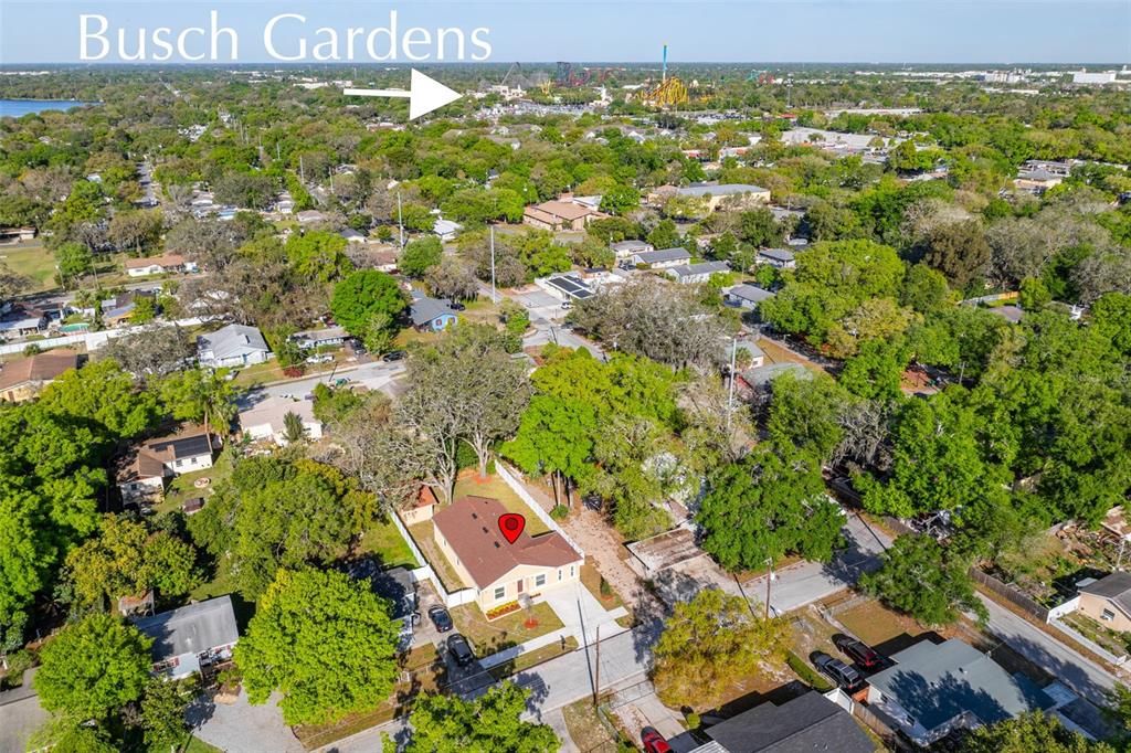 Aerial- House (shows property house w shed, fence,..)with BUSCH GARDENS in distance -marked
