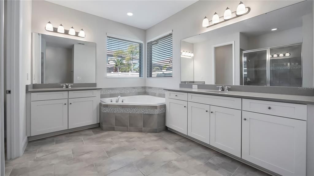 Primary spa-like en-suite with large corner soaking tub, walk-in shower, quartz countertops, and double vanities.