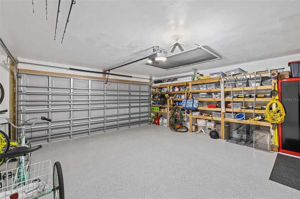 Garage with epoxy floor and storage