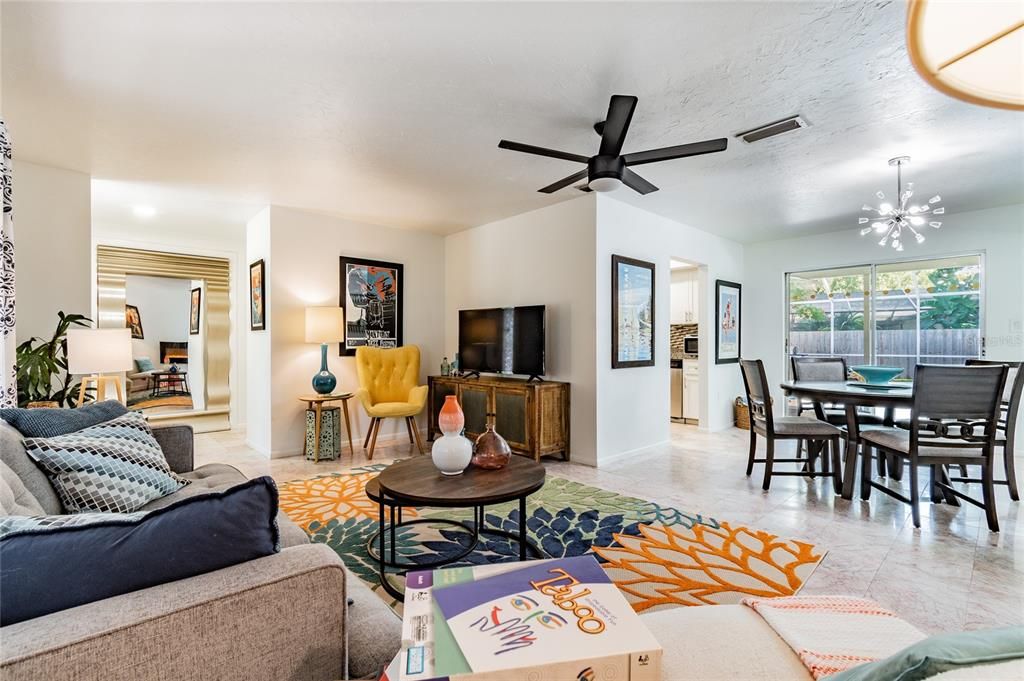 Family room has view to pool and backyard