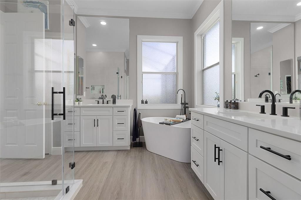 Split double vanity allows for room to spread out