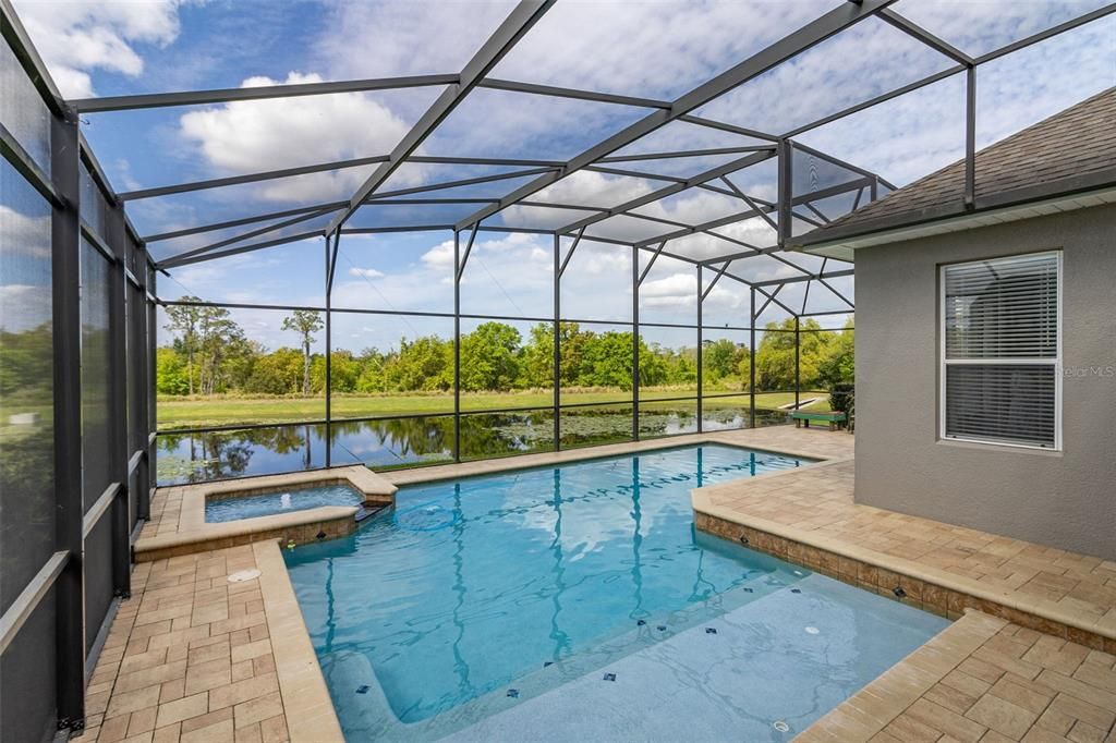 Incredible outdoor oasis featuring a swimming pool, spa, fully screened in space with an incredible view