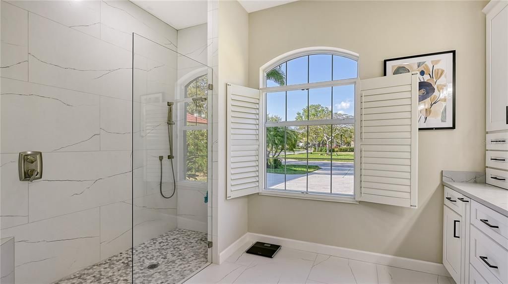 Primary bathroom with plantation shutters
