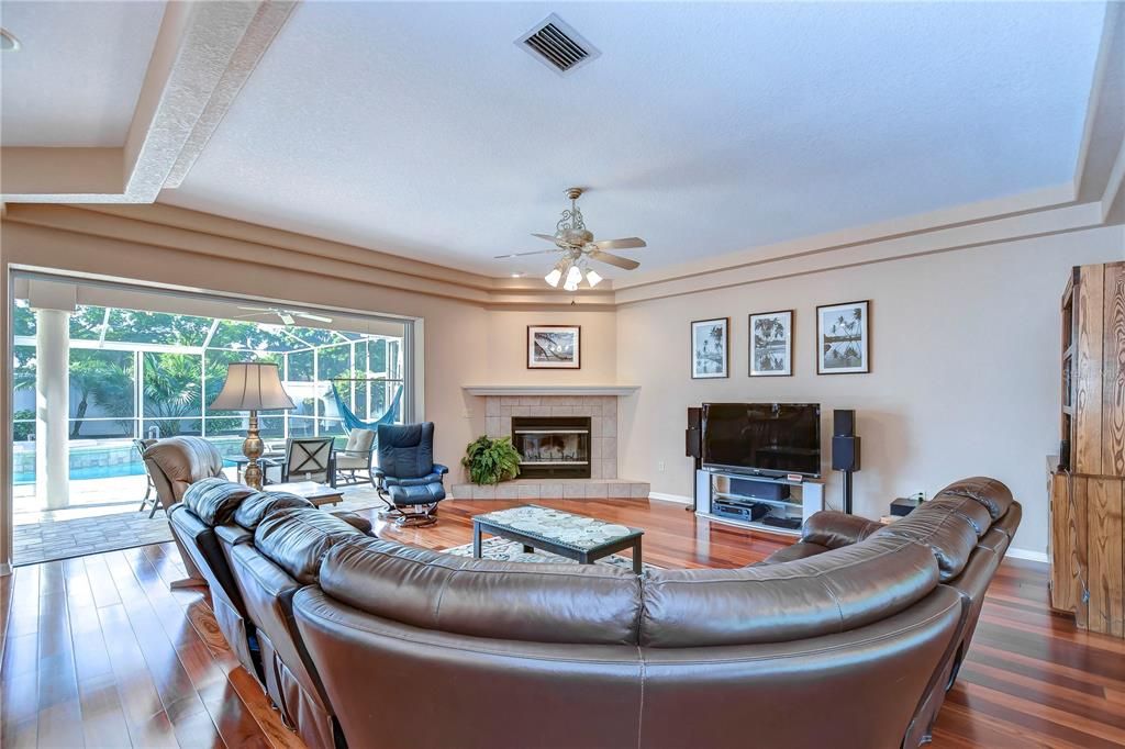 Fireplace, hardwood floors and tray ceiling!