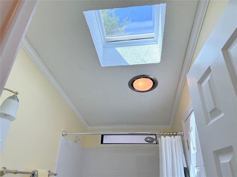 Guest bath has skylight and heat lamp