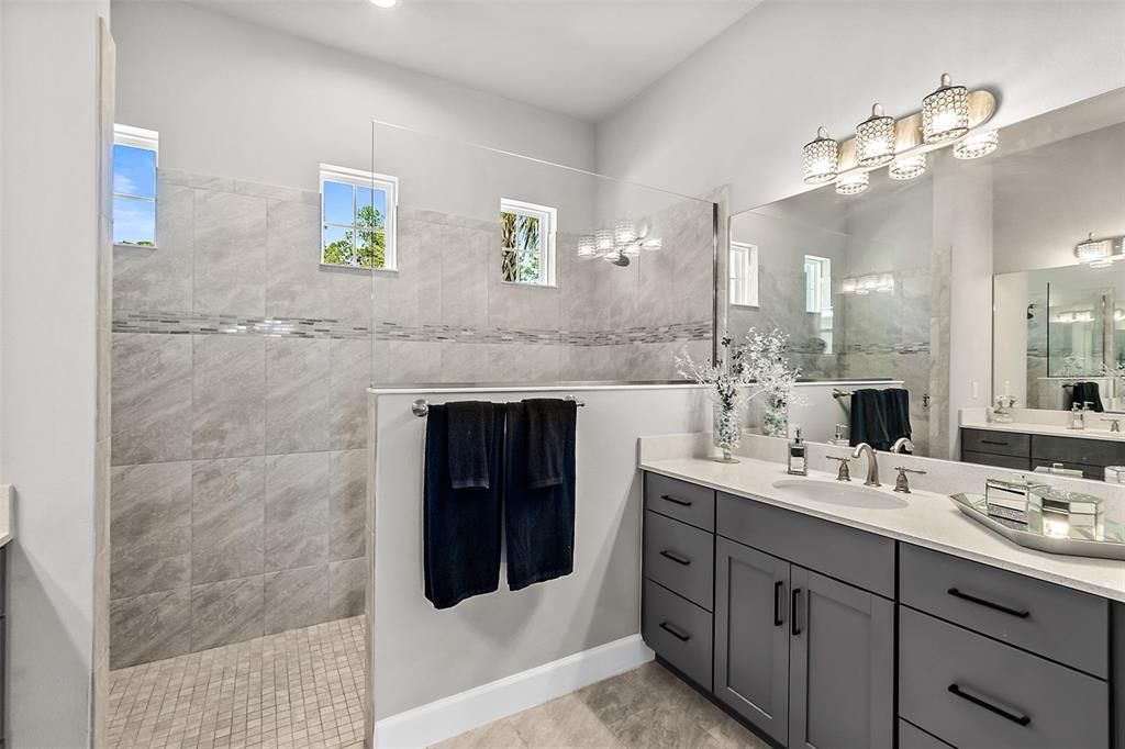 Master Bathroom with Separate Quartz Vanity & Sinks