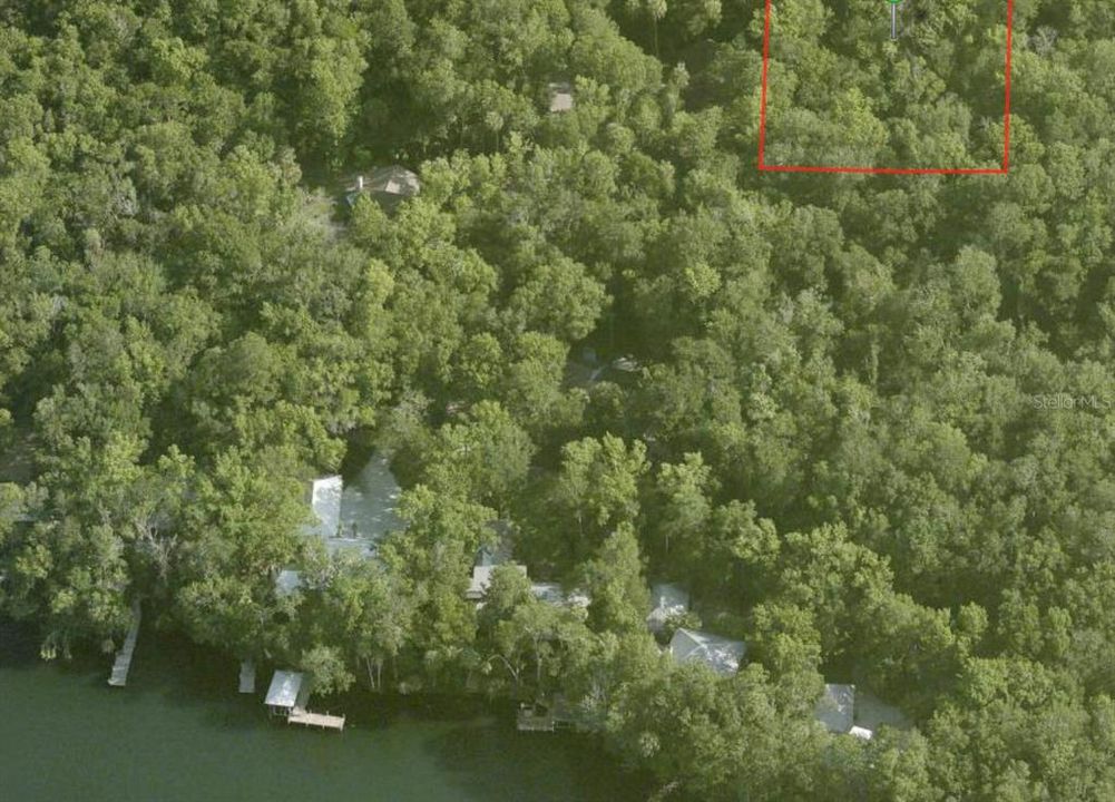 Ariel view of dock on the left and front of property.