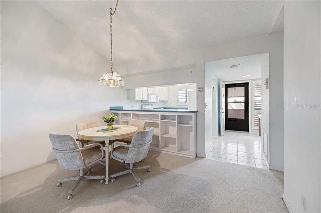 view from kitchen to dining and living area