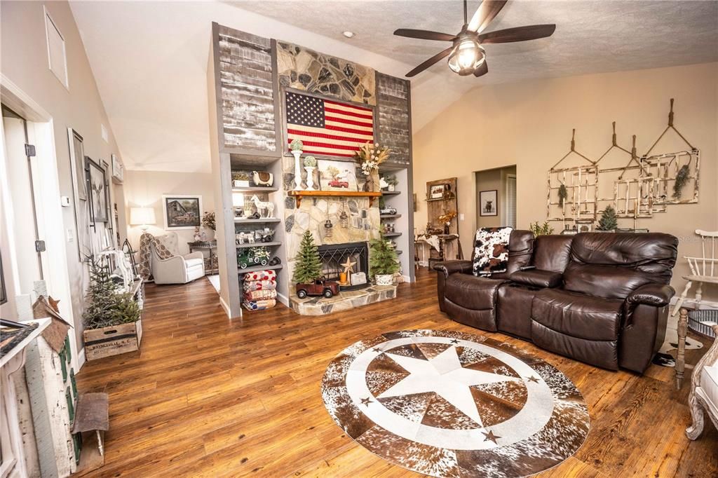 Living room with view of fireplace