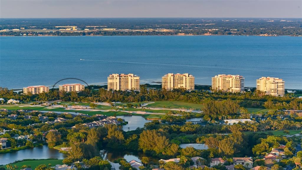 Ariel view of Grand Bay on Sarasota Bay (building six circled)