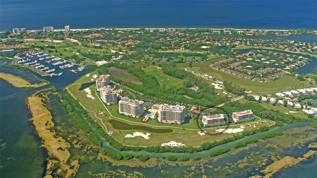 Ariel view of Grand Bay and the Longboat Key Club Yacht Club (building six circled)