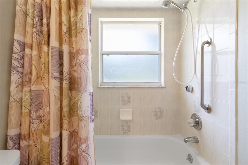 Shower with Handheld Shower Head, Grab Bar, Accent Tiles & Window