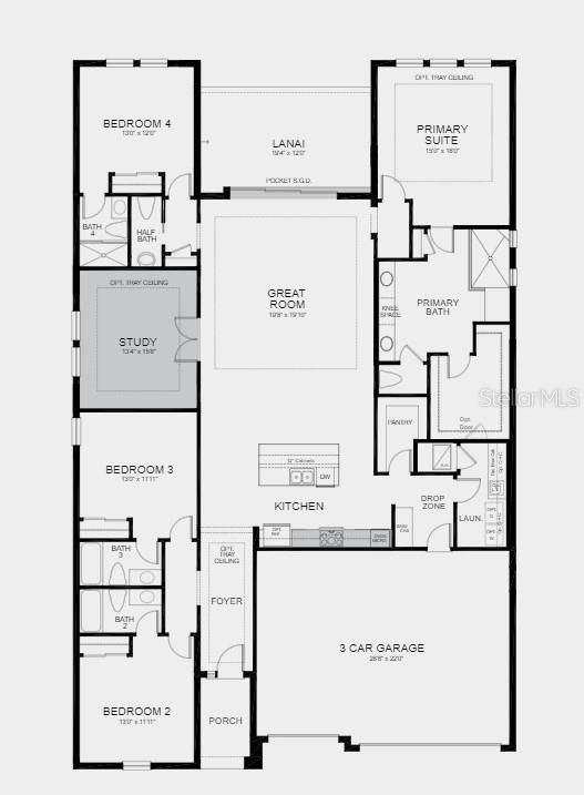 Structural options include: gourmet kitchen, tray ceilings, pocket sliding glass door from gathering room to lanai, door from primary bath to laundry room, study, pre-plumb for laundry sink, outdoor kitchen rough-in on lanai.