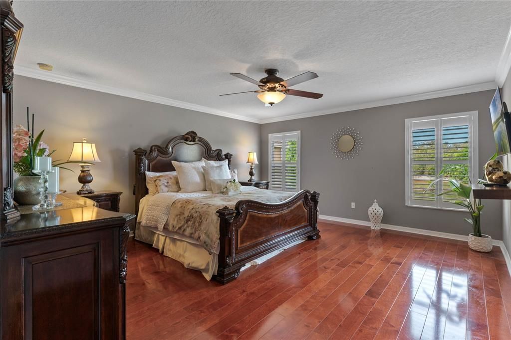The primary retreat - Wake up to tree top & water views! Crown molding, hardwoods, plantation shutters, his/her closets, and spa ensuite bath highlight this space.