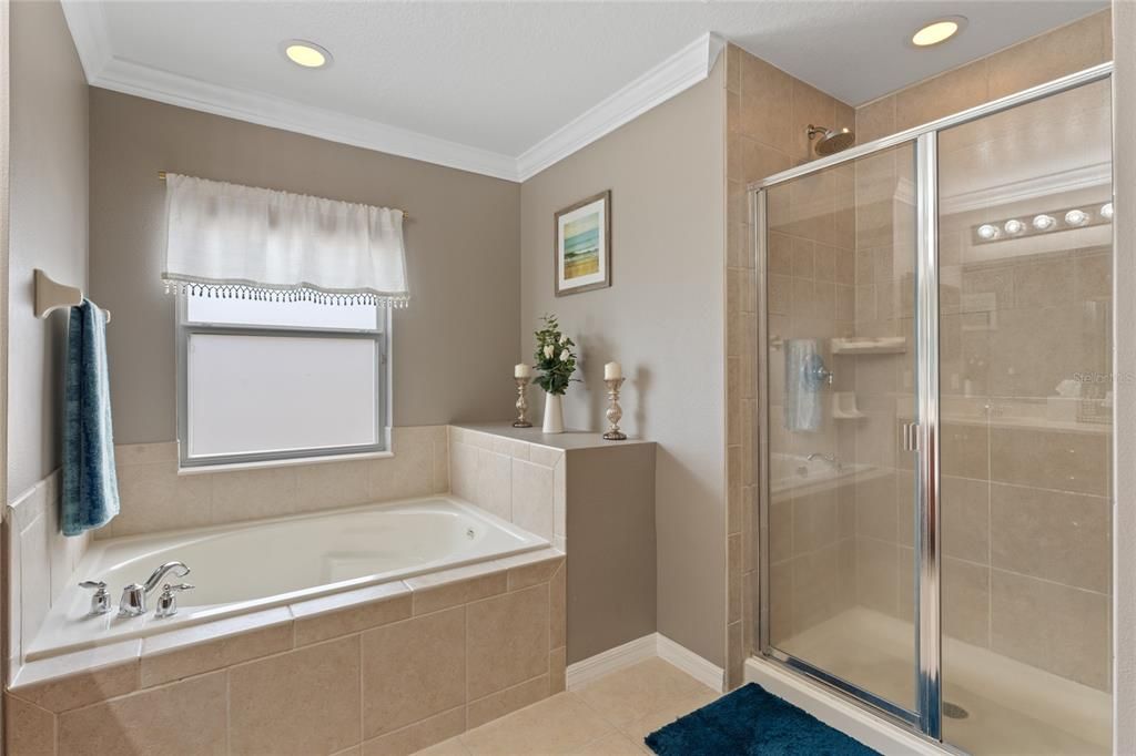 Primary suite tub & shower. All the baths feature high end MOEN fixtures.
