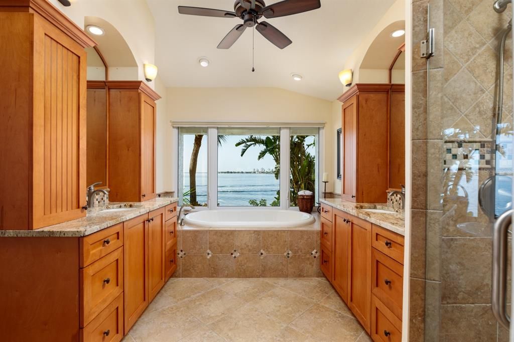 Primary Bath with dual Vanities & a waterfront  soaking tub