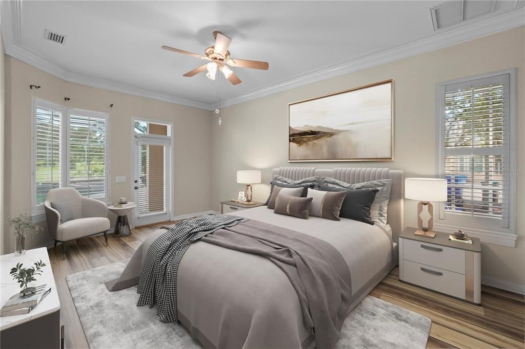 STAGED - Master bedroom with pool access/view of golf course