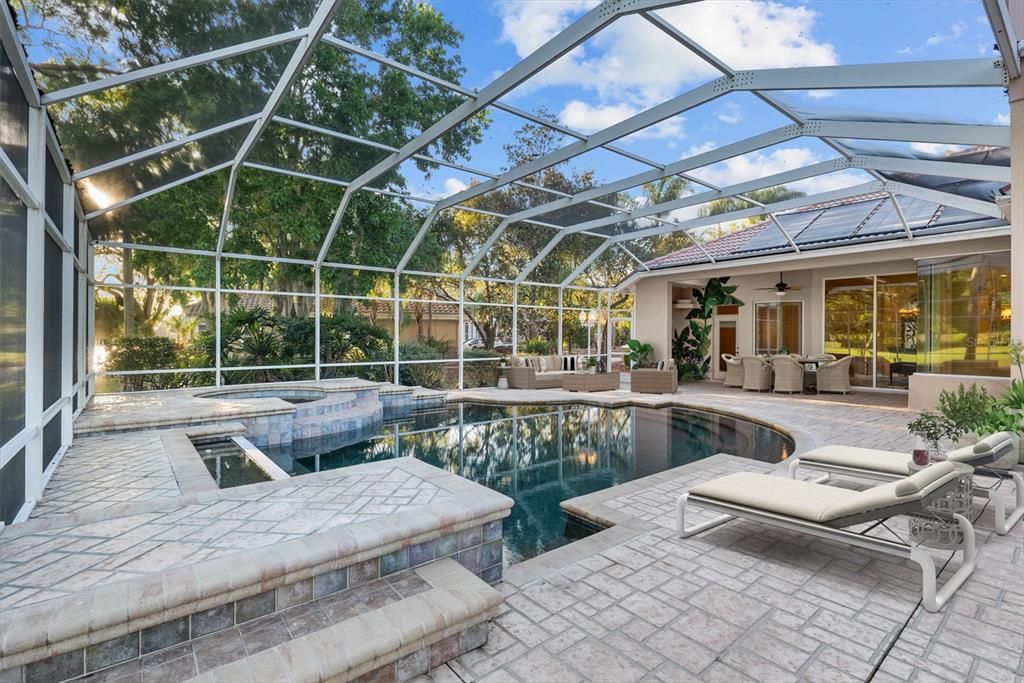 View of custom, regularly maintained pool/spa oversized deck (outdoor bar is behind) - this pool would cost approx. $150-200K to build today with all of its custom features...  Price it out!