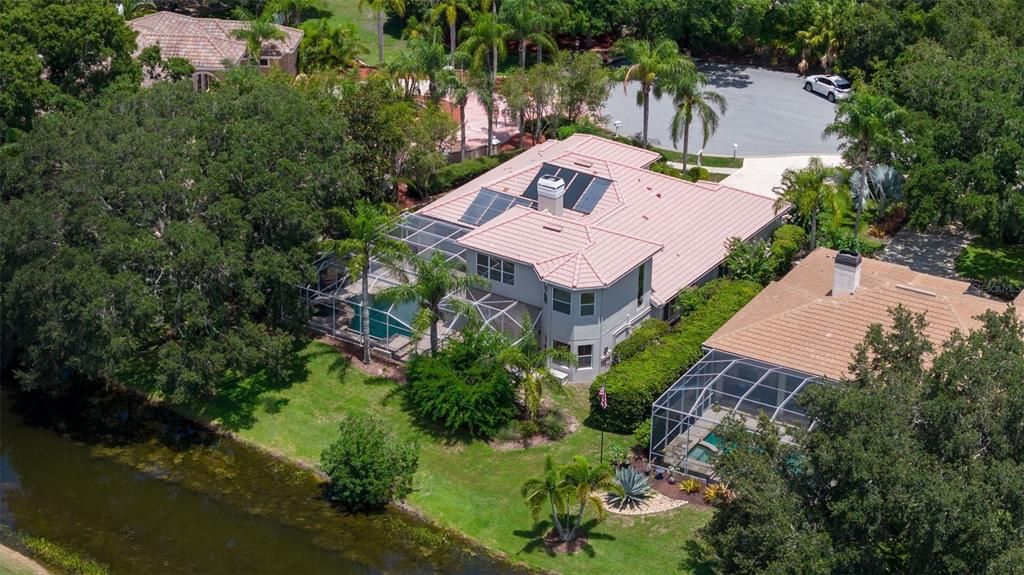 Aerial view of the beautiful architecture of this home.