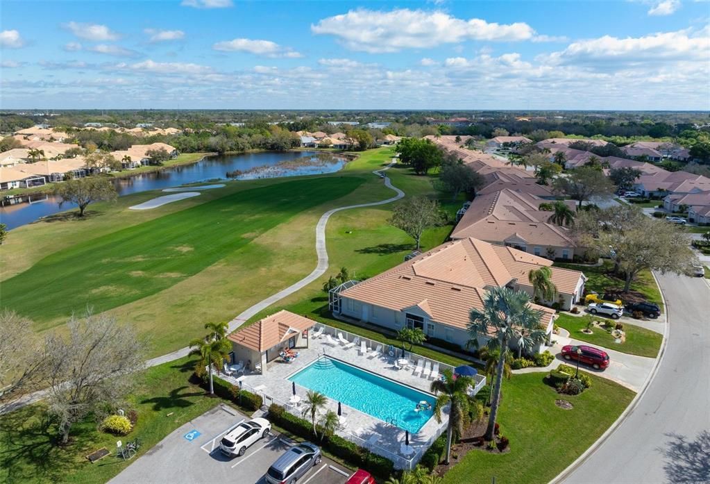 Aerial of the Links community pool, golf course