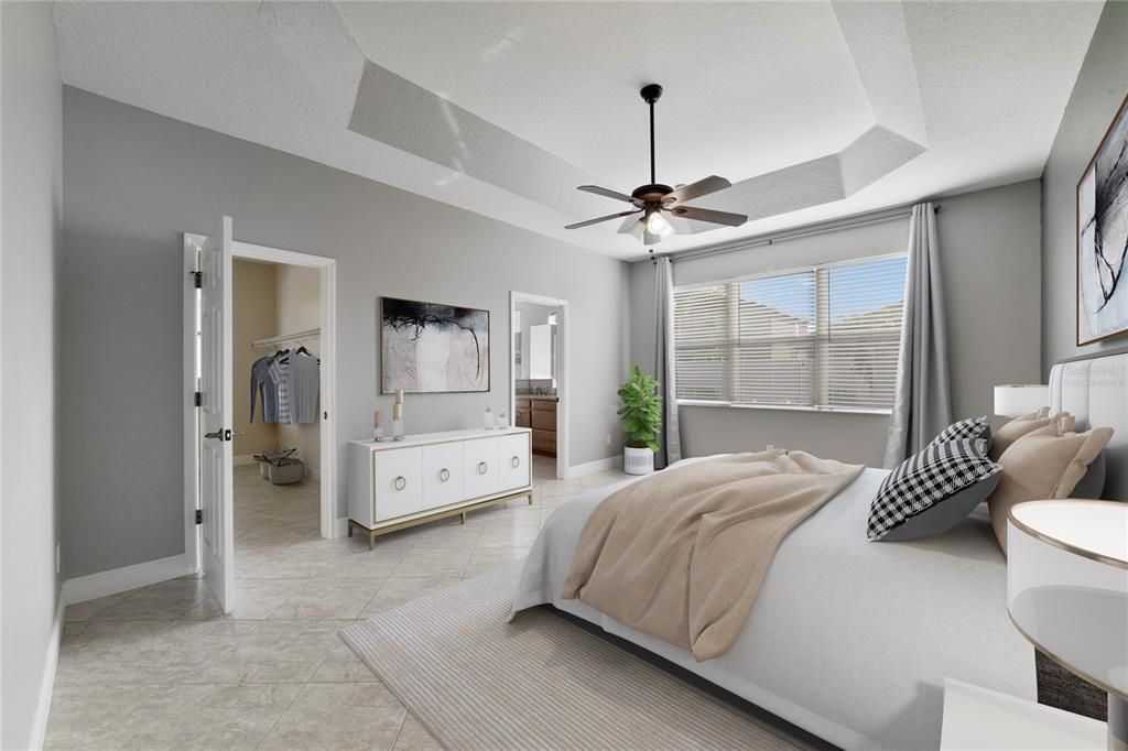 The generous PRIMARY SUITE serves as a tranquil retreat to the new owner with a lovely tray ceiling, large window for great natural light, WALK-IN CLOSET and private en-suite bath with a new vanity/countertops. Virtually Staged.