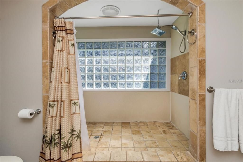 Oversized walk-in shower with rain showerhead
