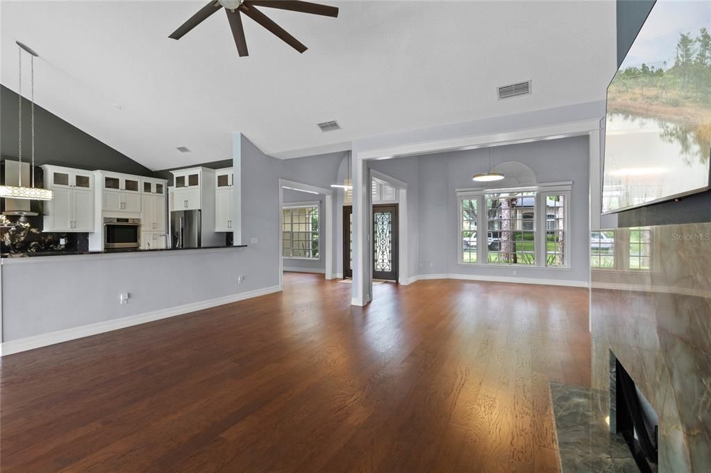 View of the spacious family room overlooking the formal living space.