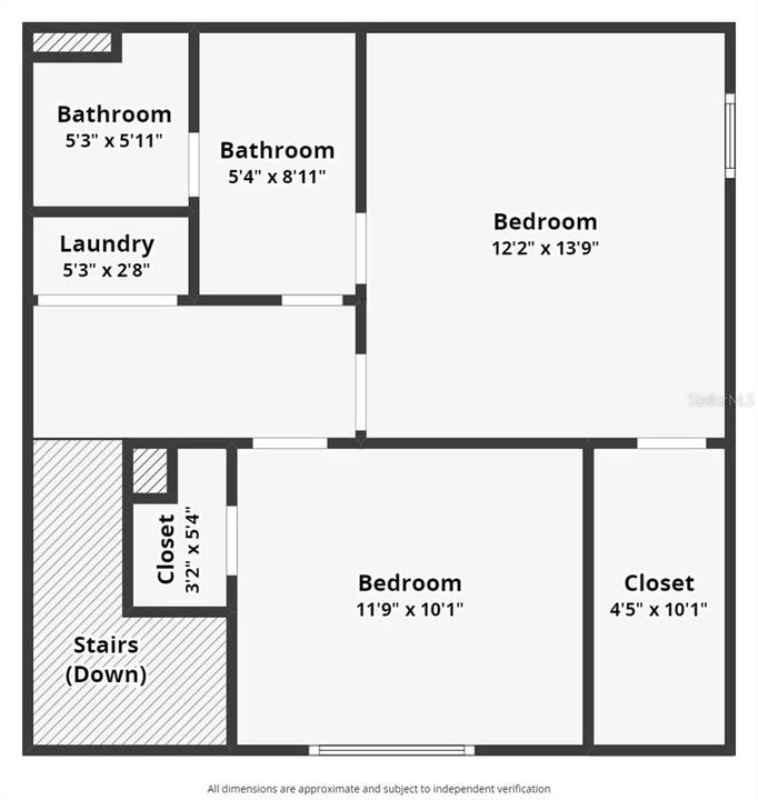 Upstairs Floor Plan - 2 Bedrooms, 1 with a walk in closet and 1 Bathroom.  Washer and Dryer convey with the home.