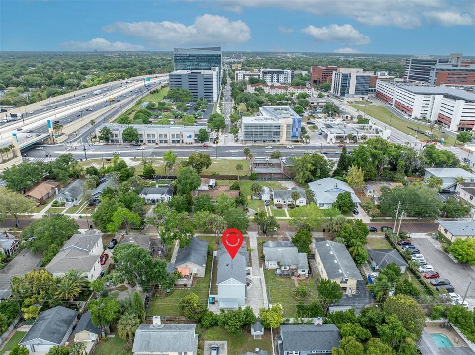 Northern aerial view showing I-4, east toward Daytona and Florida Hospital's "Health Village".
