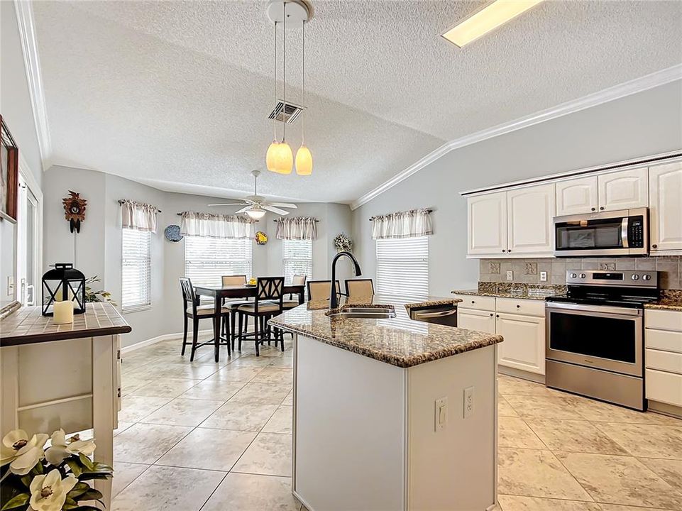 Kitchen with CROWN Molding, GRANITE countertops
