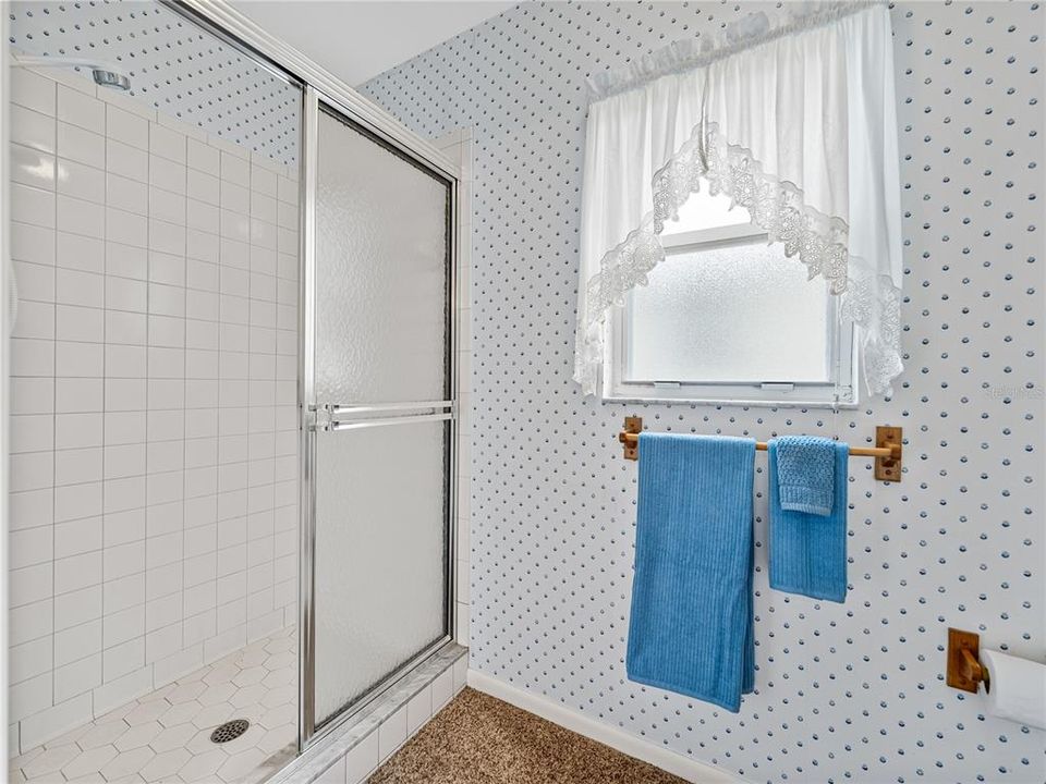 Walk-in shower in the master bath.  This room closes off with a pocket door.