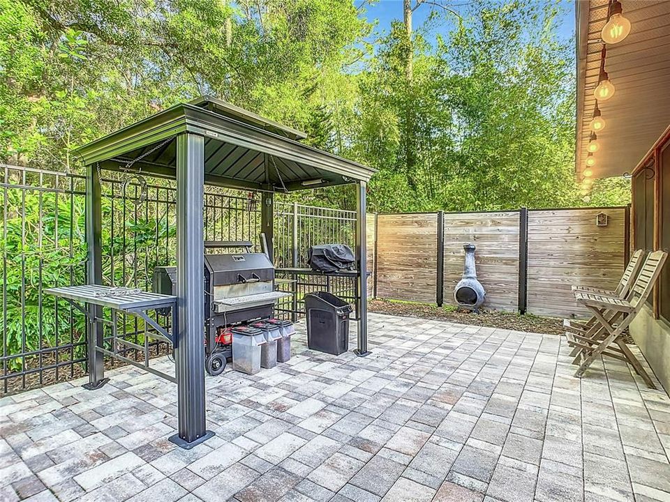 Outdoor covered cooking area, fenced area separate from other patios