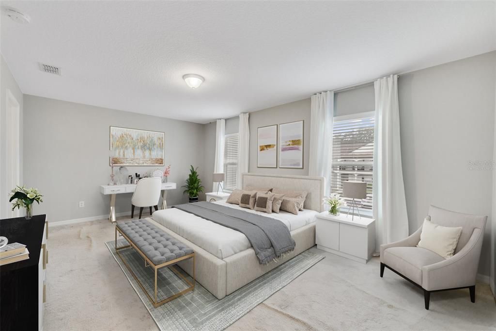 Upstairs offers another light and bright space in the generous PRIMARY SUITE, with twin windows that overlook the front of the home, WALK-IN CLOSET and private en-suite bath. (virtually staged)