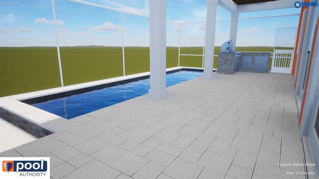 Designer's rendering of proposed pool, travertine patio & kitchen.